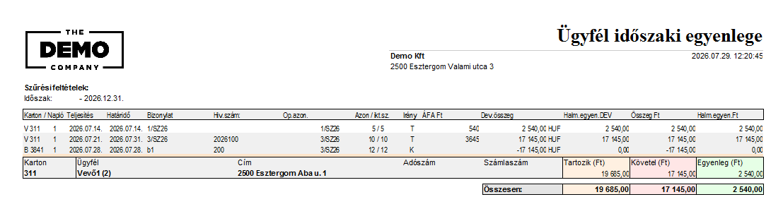 Bankszámlakezelés – bemutató képernyőkép