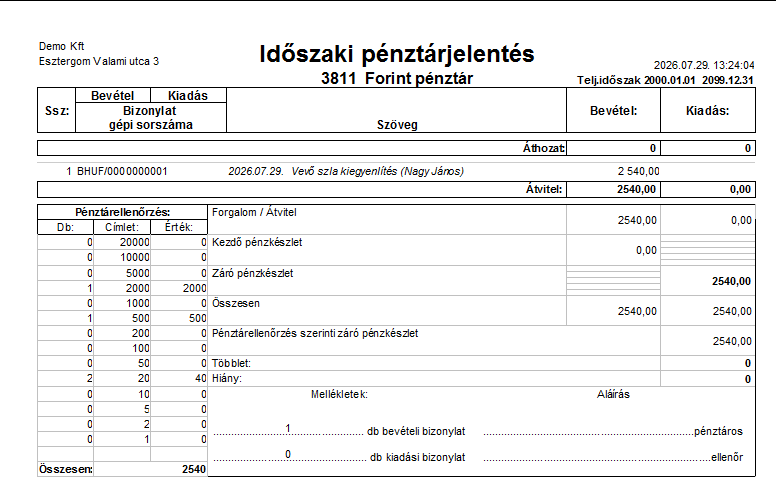 Pénztárkezelés – bemutató képernyőkép