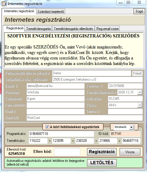 Regisztráció internetről – bemutató képernyőkép