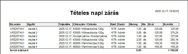 Időszaki napi zárás – bemutató képernyőkép