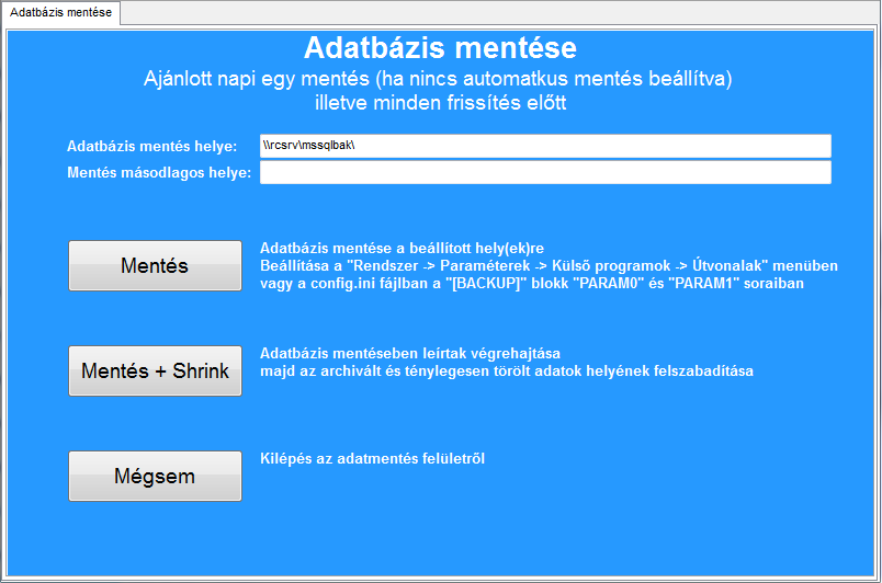 Adatbázis mentés – bemutató képernyőkép