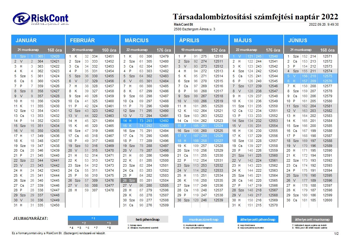 Naptárak – bemutató képernyőkép